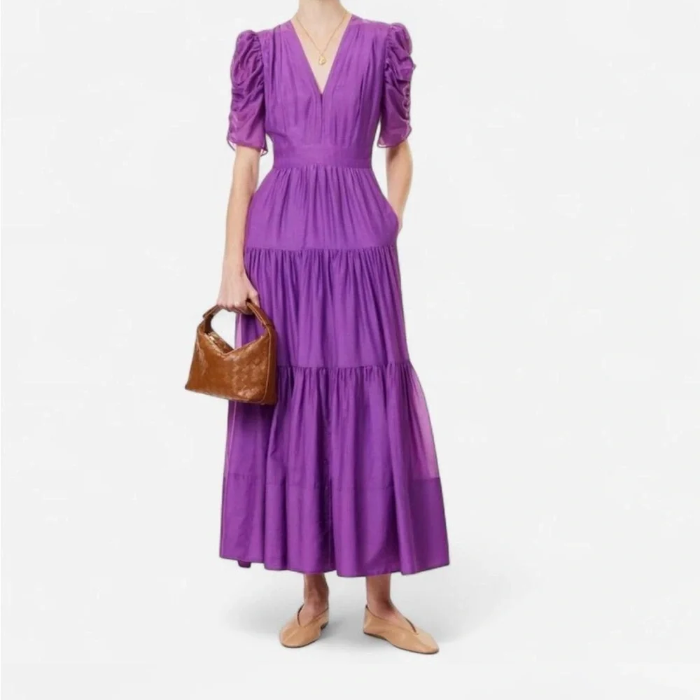 ME+EM Purple Cotton Silk Tiered Maxi Dress Ruched Puff Shoulder - Size 6 - Picture 1 of 8